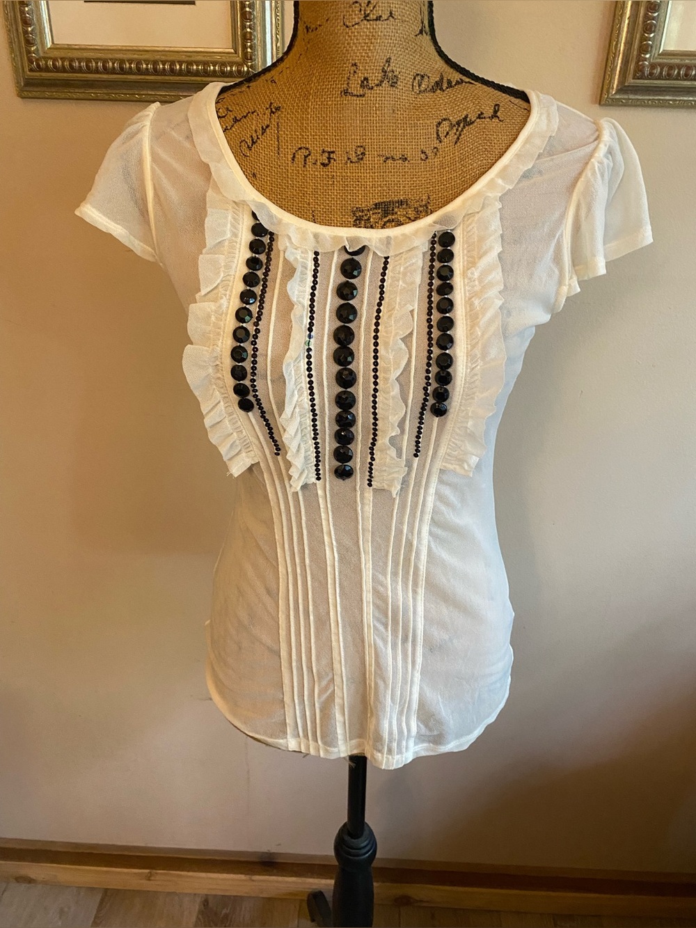 The Limited Vintage NWT Sheer Mesh Top Y2K Black Beaded Rhinestone Trim Sz S